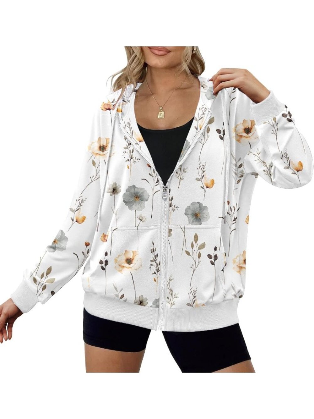 Women Floral Print Long Sleeve Zip Up Oversized Sweatshirt Pockets Zipper Jacket
